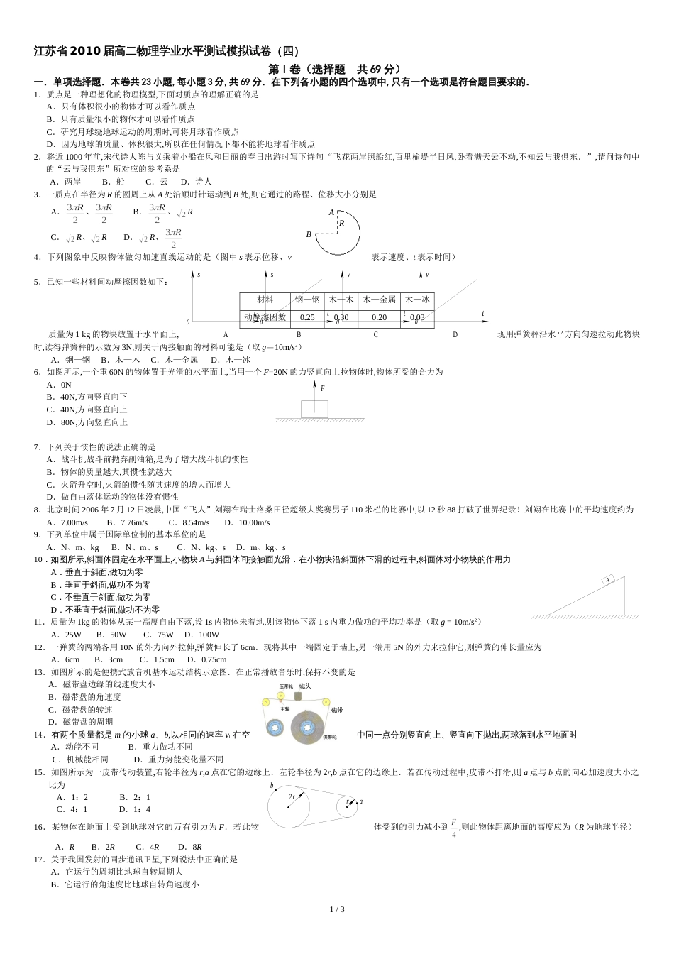 江苏省2010届高二物理学业水平测试模拟试卷(四)_第1页