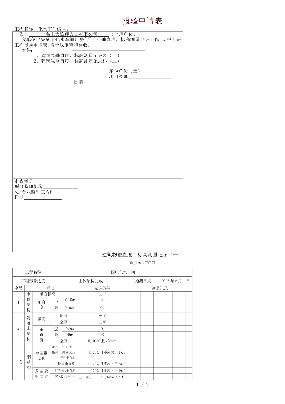 建筑物垂直度标高测量记录[共3页]_第1页