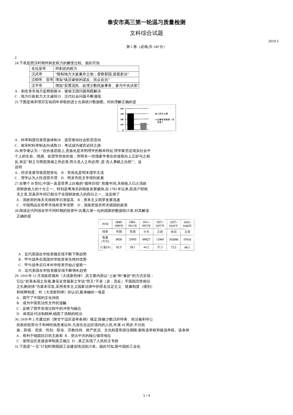 山东省泰安市2019届高三一模文综历史试题-word含答案_第1页