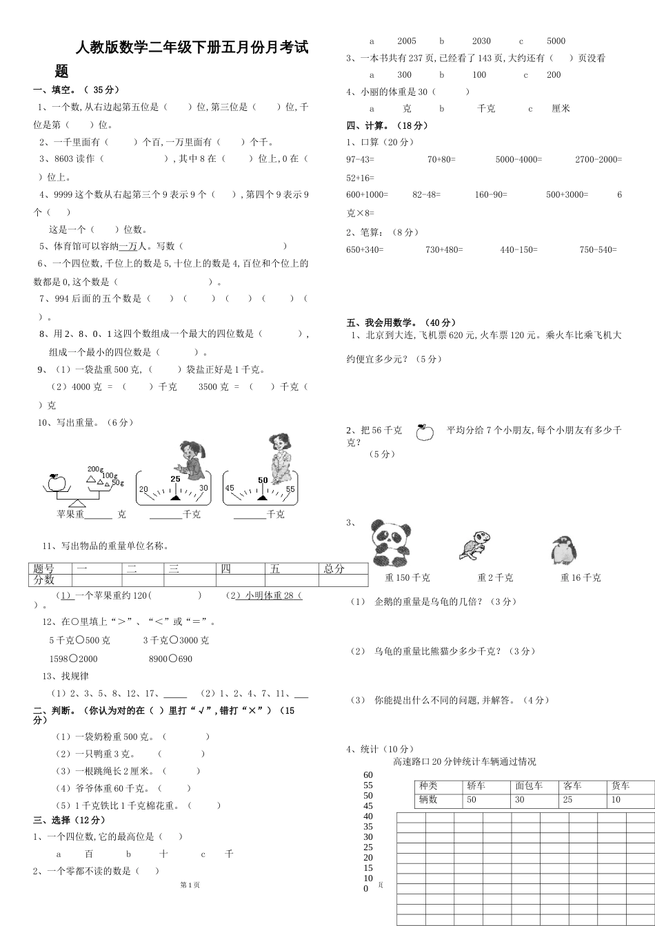 人教版小学二年级数学下册第三次月考试卷[共3页]_第1页