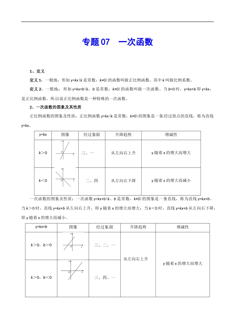 专题07 一次函数-中考数学总复习知识点梳理（全国通用）3页_第1页