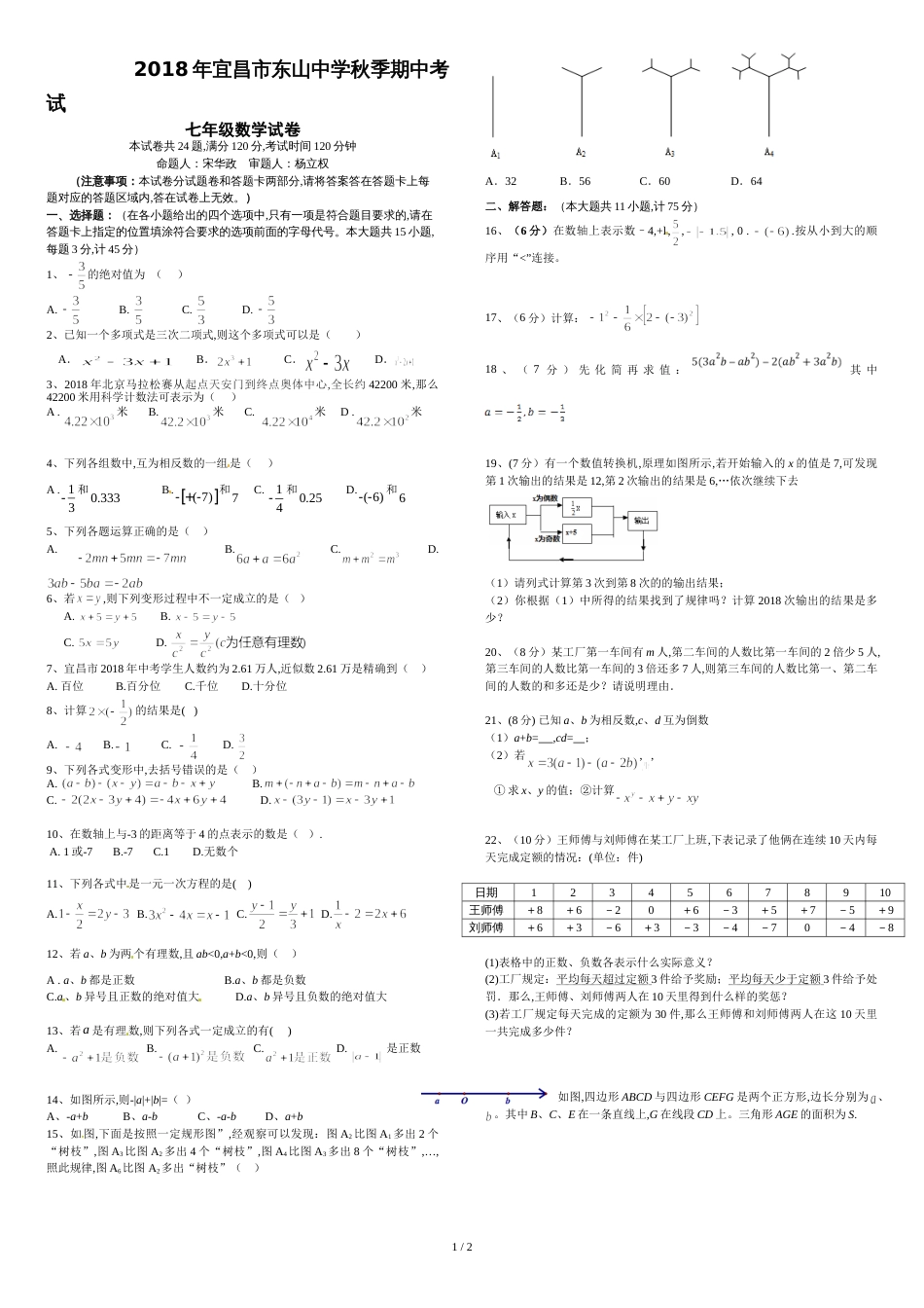 2018年秋季宜昌市东山中学期中考试七年级数学试卷_第1页