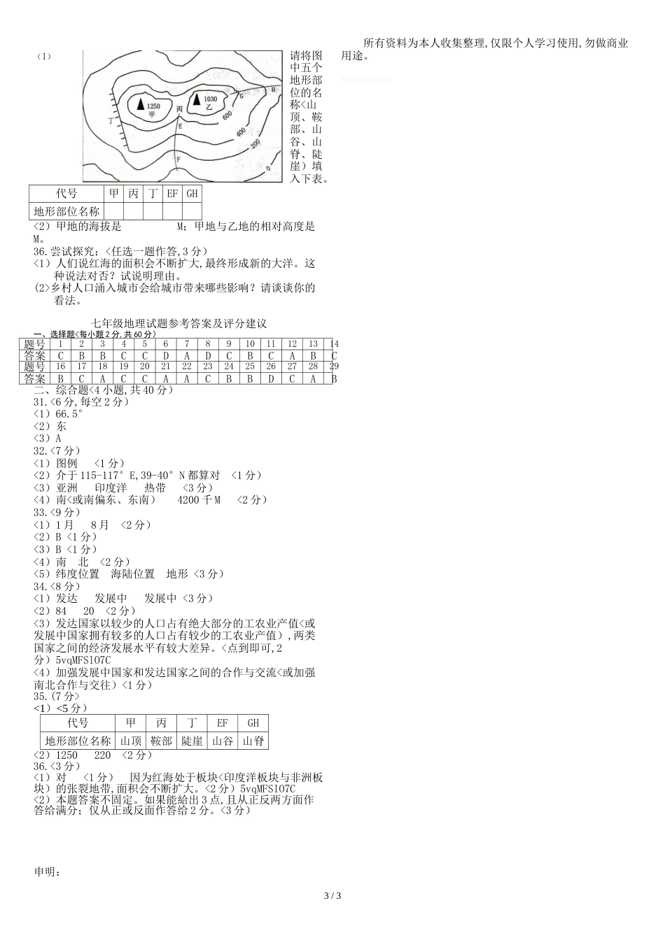 七年级上册地理试卷含答案[共5页]_第3页