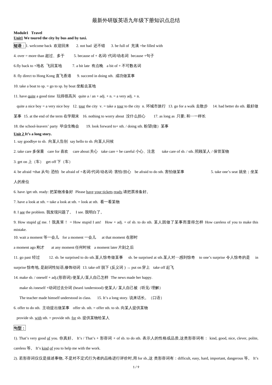 2016最新外研版英语九年级下册知识点总结[共6页]_第1页