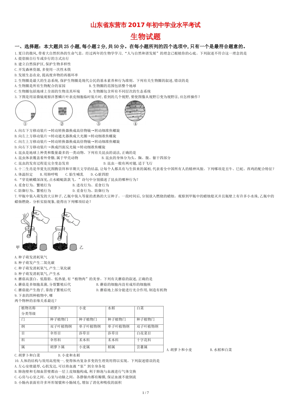 2017山东省东营市中考生物试题_第1页