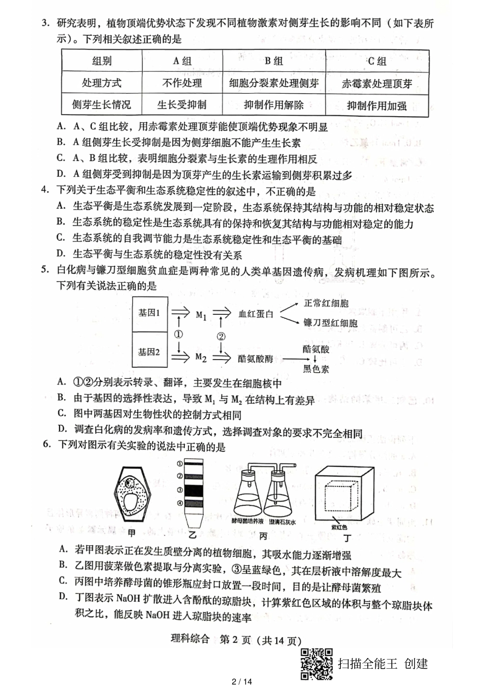 2020年宝鸡市高考模拟检测(二)理综试题_第2页