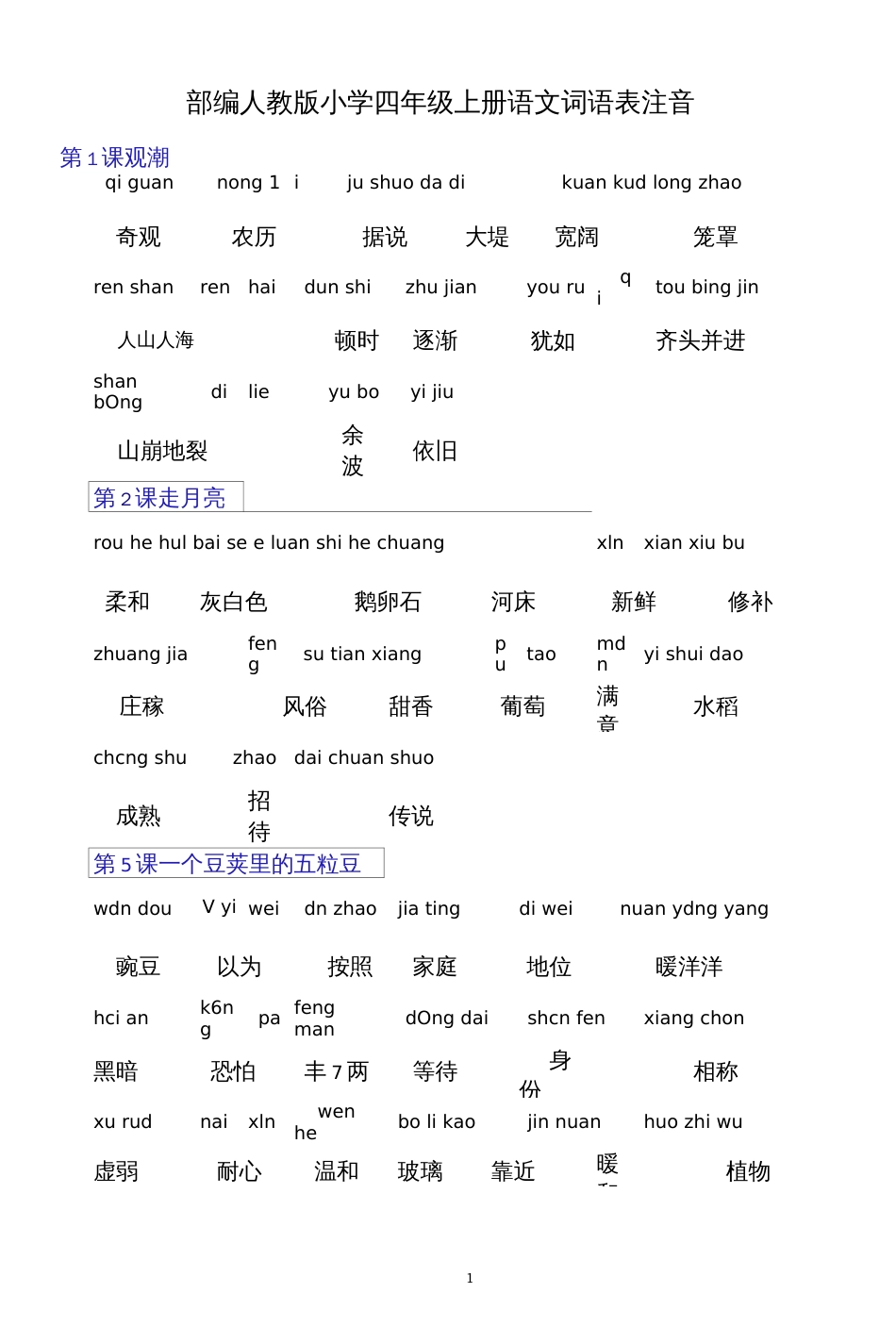 部编人教版小学四年级上册语文词语表注音_第1页