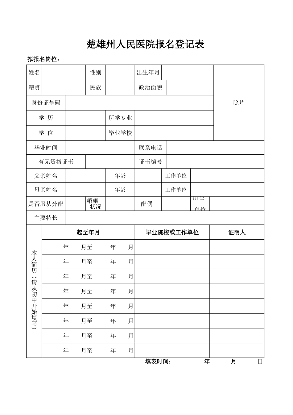 楚雄州人民医院报名登记表xls_第1页