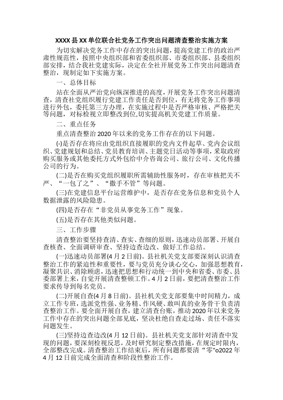 XXXX县XX单位联合社党务工作突出问题清查整治实施方案_第1页