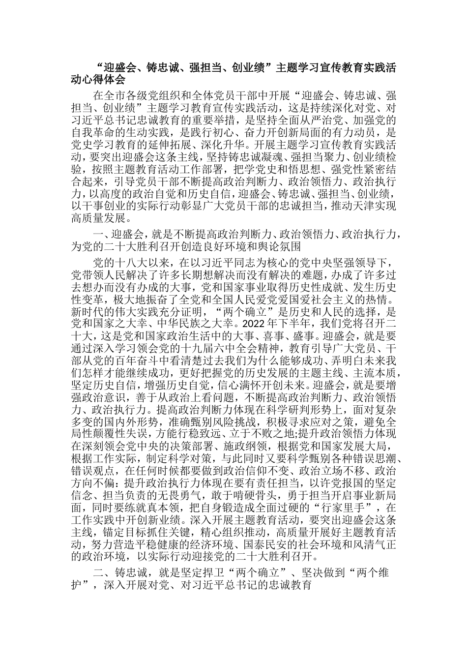 迎盛会、铸忠诚、强担当、创业绩主题学习宣传教育实践活动心得体会_第1页