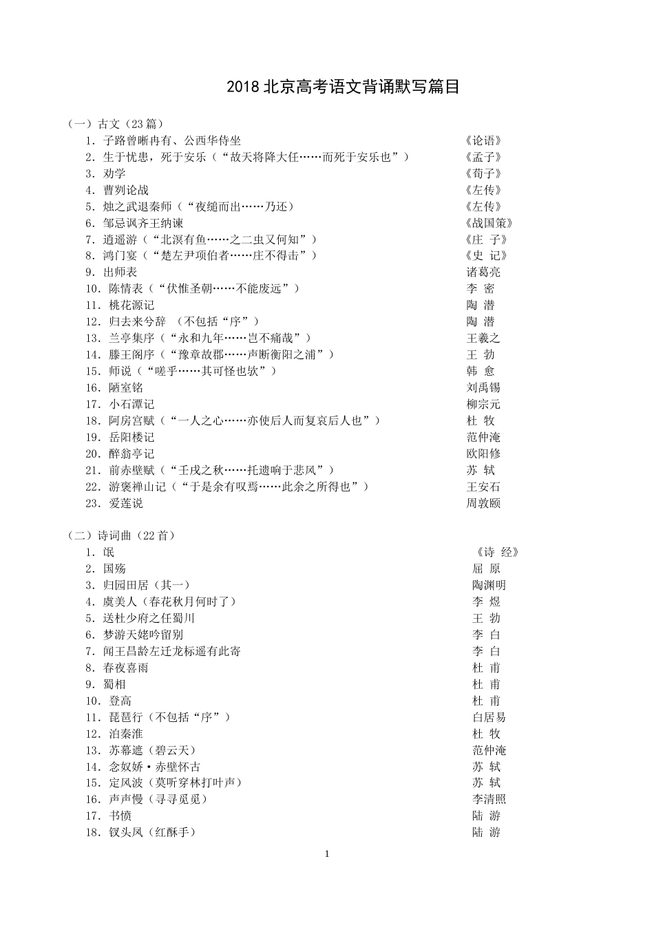 2018北京高考语文必背篇目_第1页