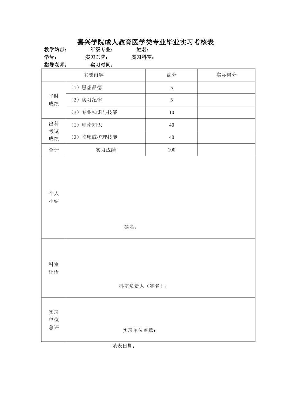 成人教育医学类专业毕业实习考核表_第1页