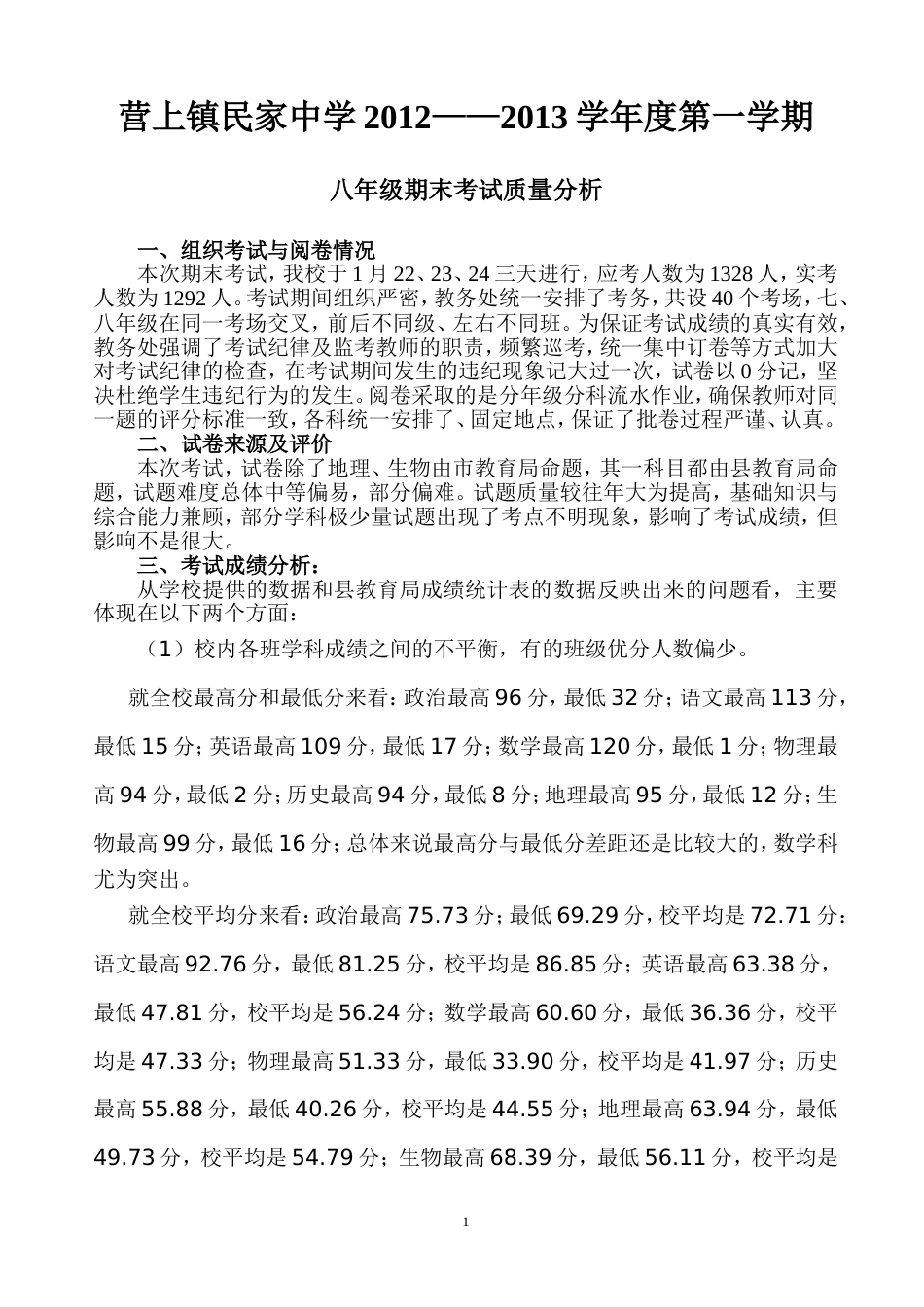 初中期末考试质量分析报告 _第1页