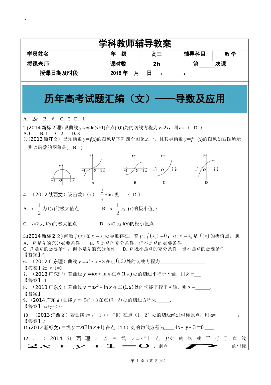 2012高考文科数学真题汇编：导数及应用老师版_第1页