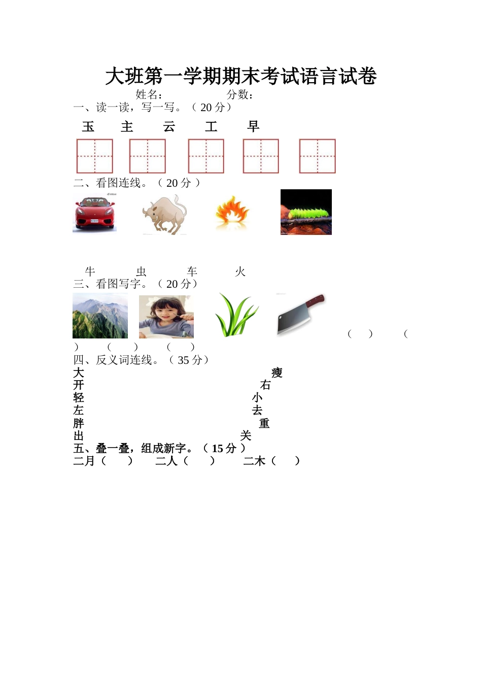 大班第一学期期末考试语言试卷_第1页