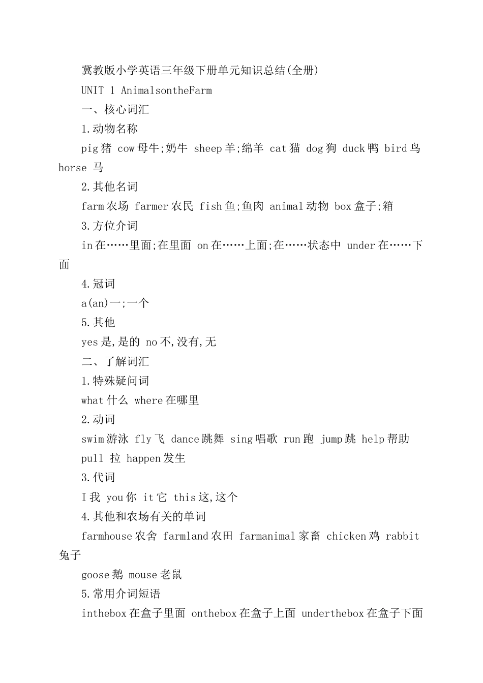 冀教版小学英语三年级下册单元知识总结(全册)_第1页