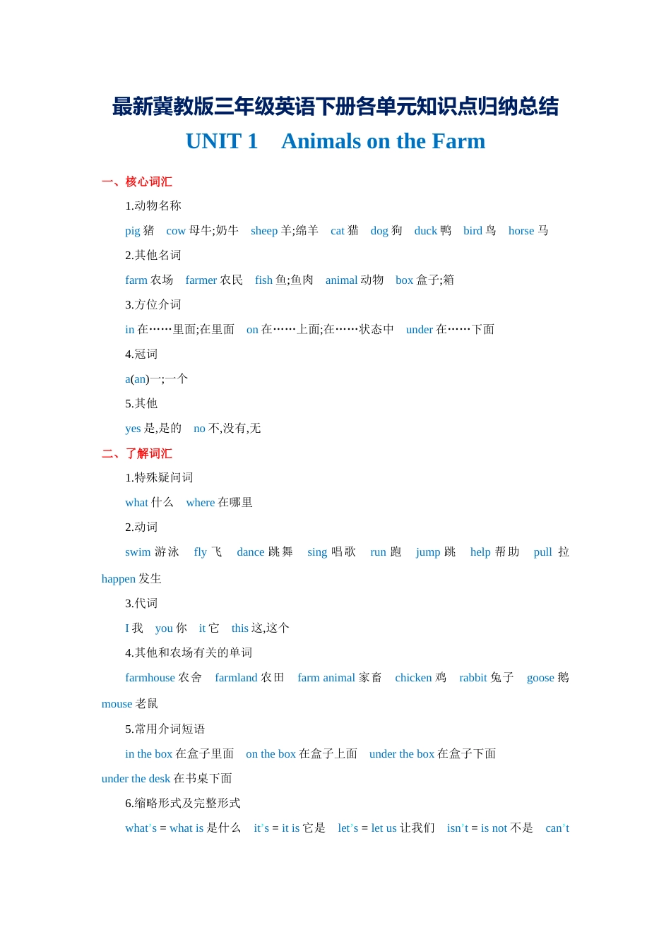 2021最新冀教版三年级英语下册各单元知识点归纳_第1页