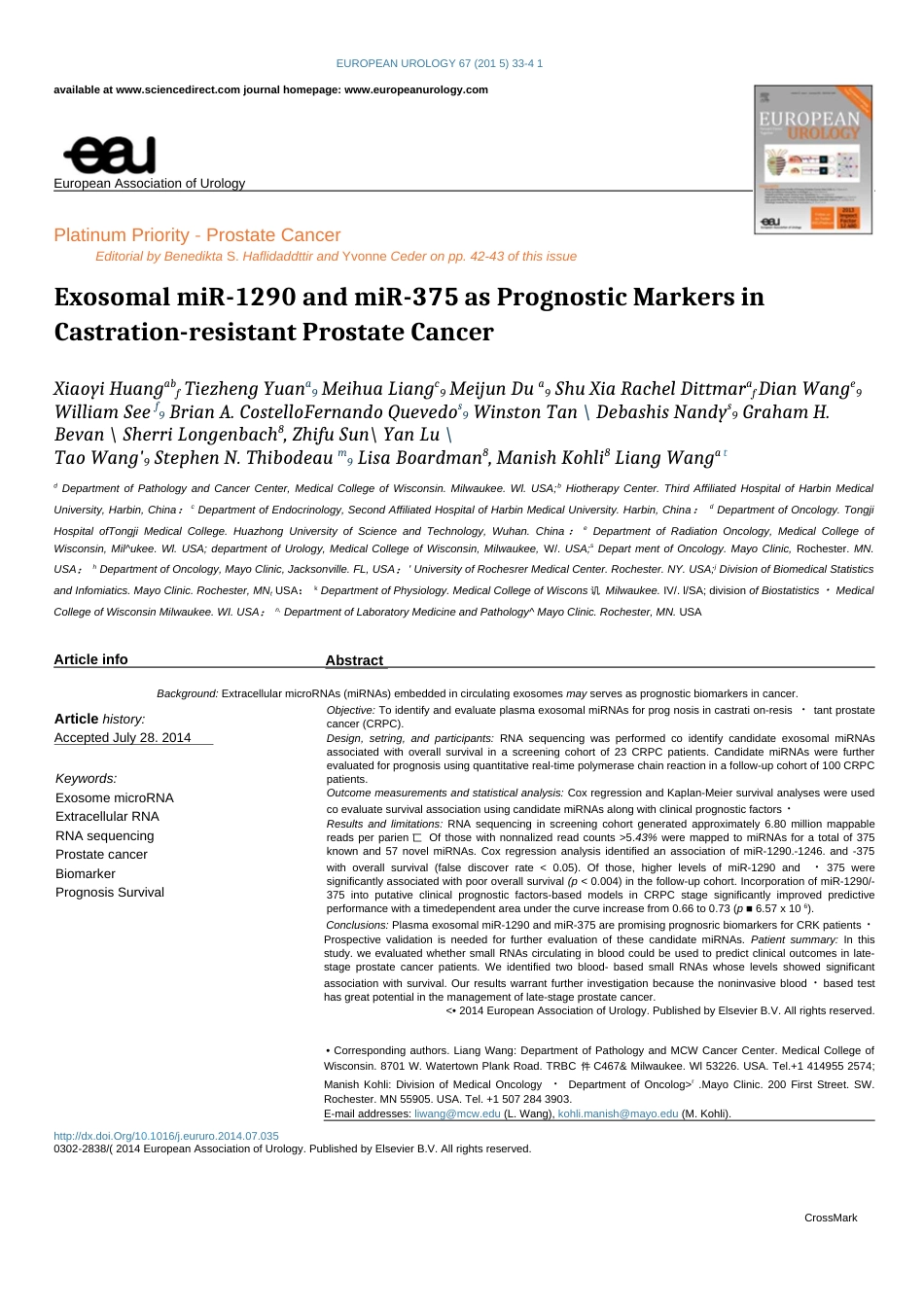 exosomal mir1290 and mir375 as prognostic markers in castrationresistant prostate cancer：胞外体mir1290和mir375在去势抵抗性前  _第1页