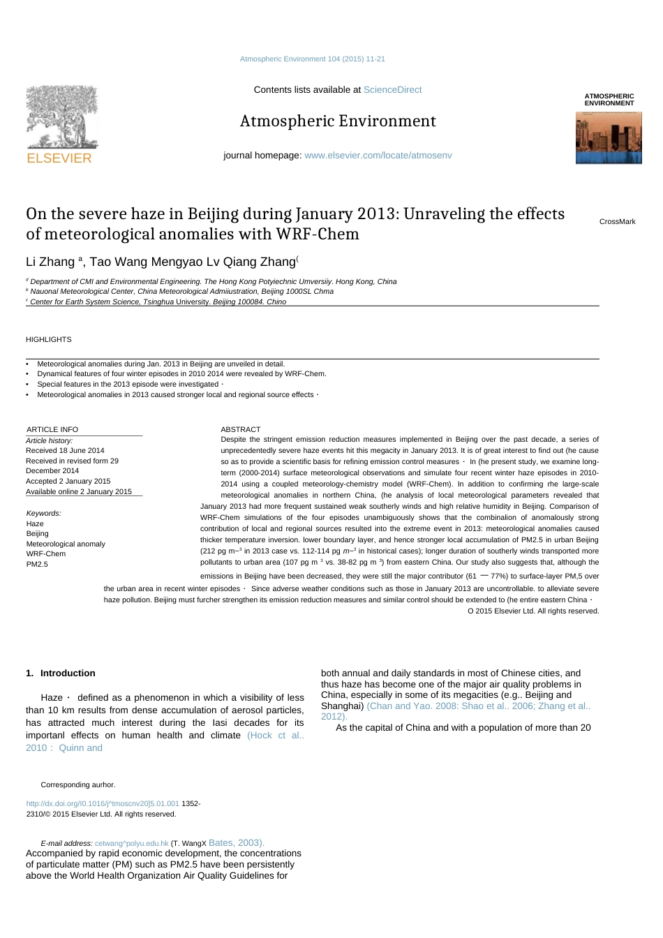 OntheseverehazeinBeijingduringJanuary2013UnravelingtheeffectsofmeteorologicalanomalieswithWRF˜hem _第1页