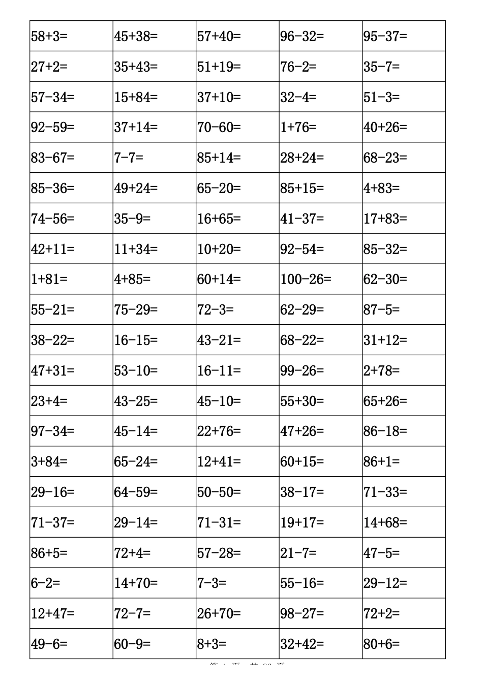 100以内加减法口算题表格打印版8000道_第1页