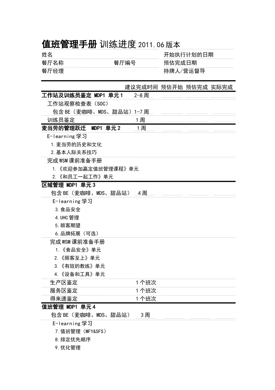 餐厅值班管理手册训练进度_第1页