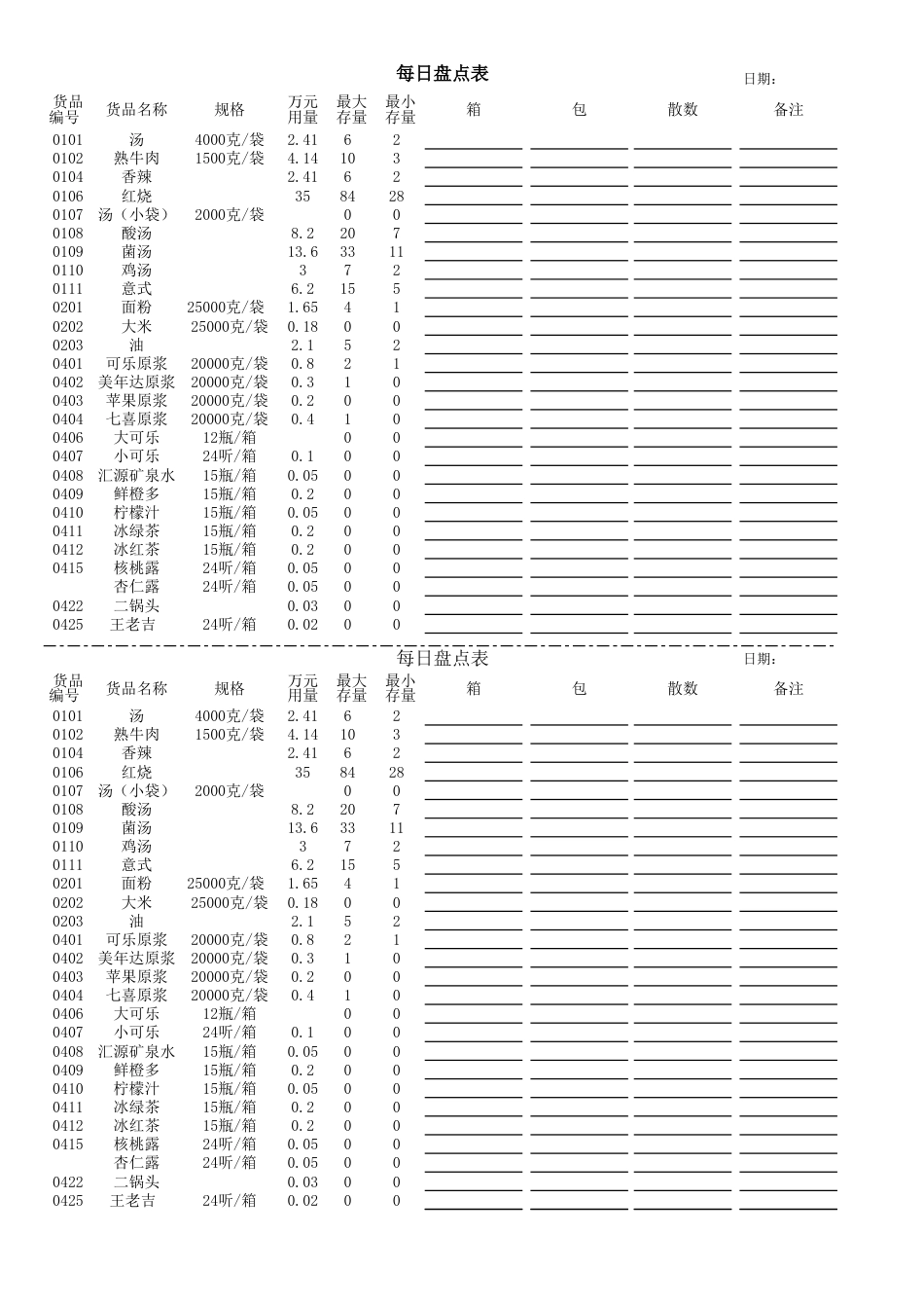 东方汉源连锁餐饮3—盘存管理系统 每日盘点表_第1页