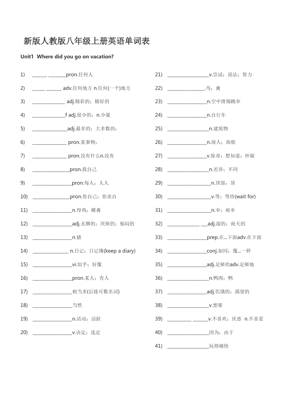 人教版八年级上册英语默写单词表_第1页
