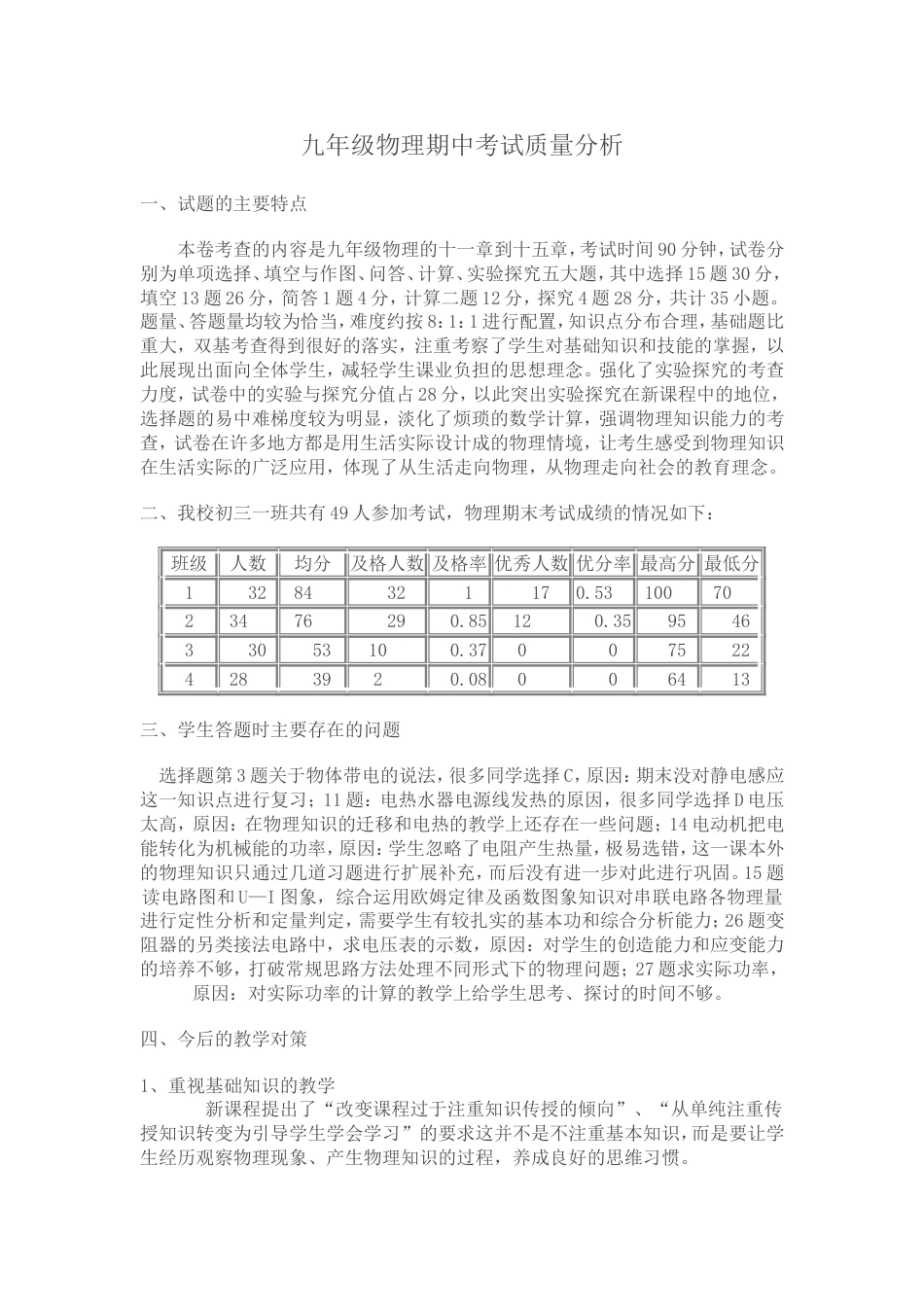 九年级物理期末考试质量分析_第1页
