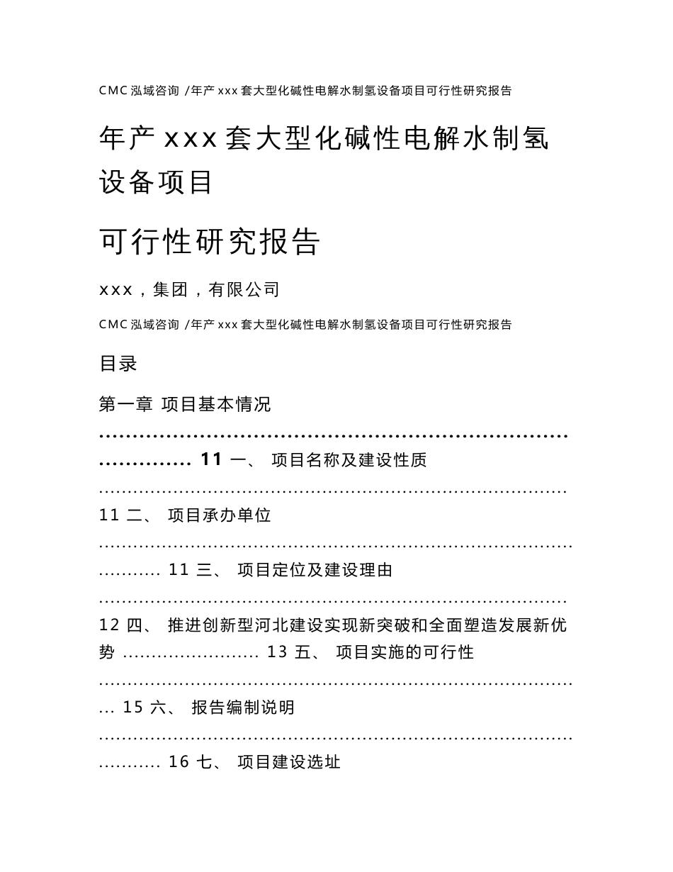 年产xxx套大型化碱性电解水制氢设备项目可行性研究报告-参考范文_第1页