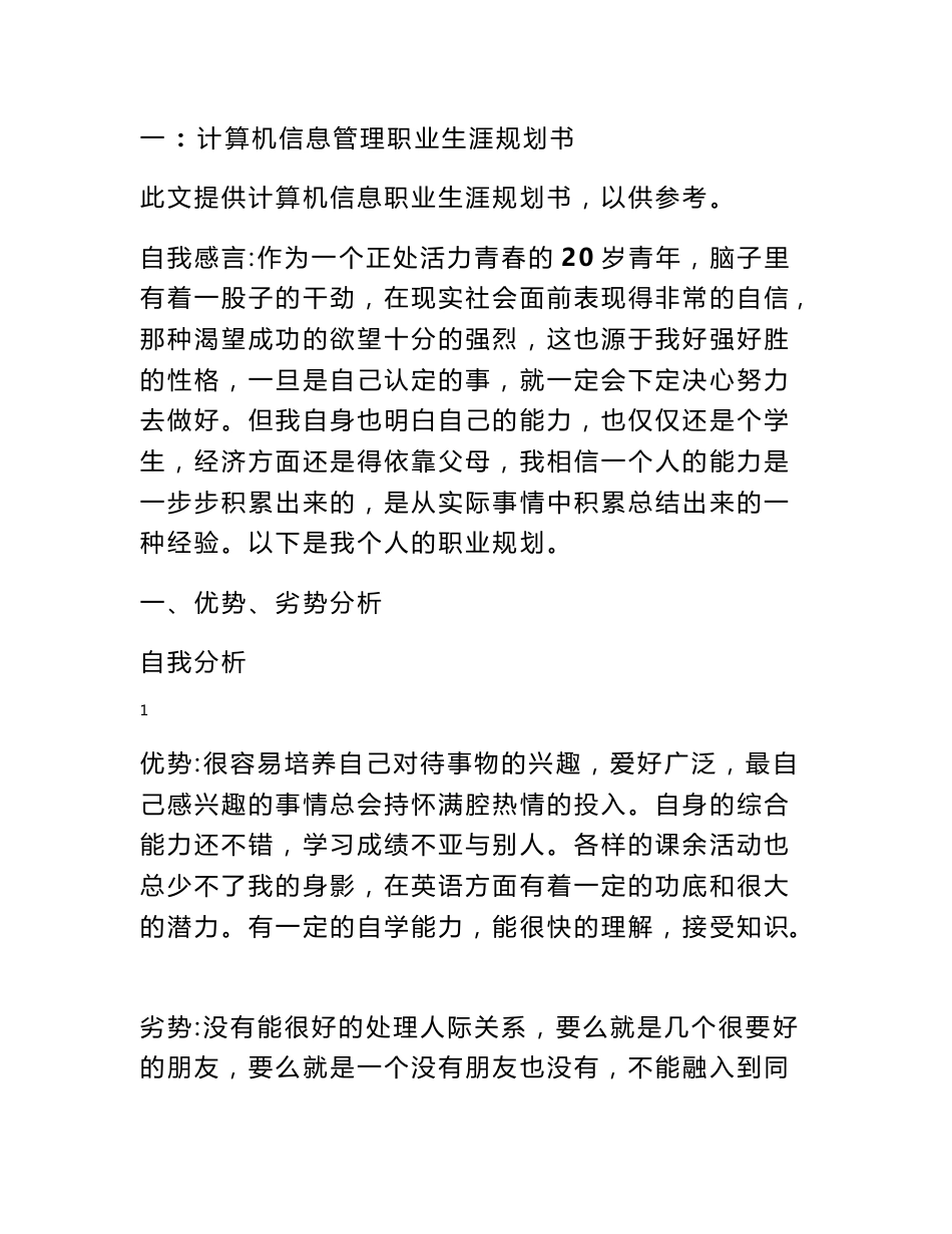 职业生涯规划计划书-计算机信息管理职业生涯规划书_第1页