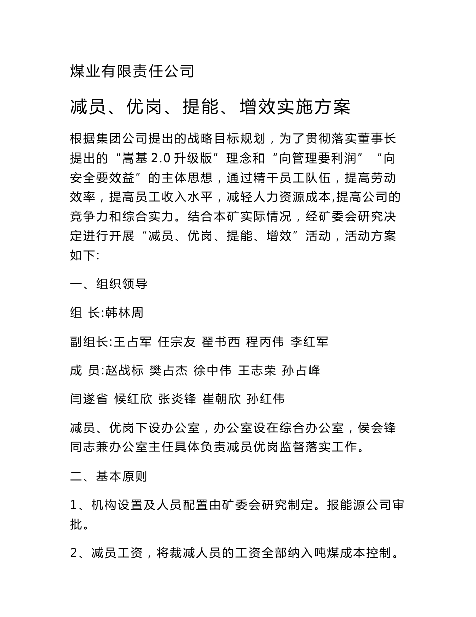 煤业公司减员、优岗、提能、增效实施方案_第1页