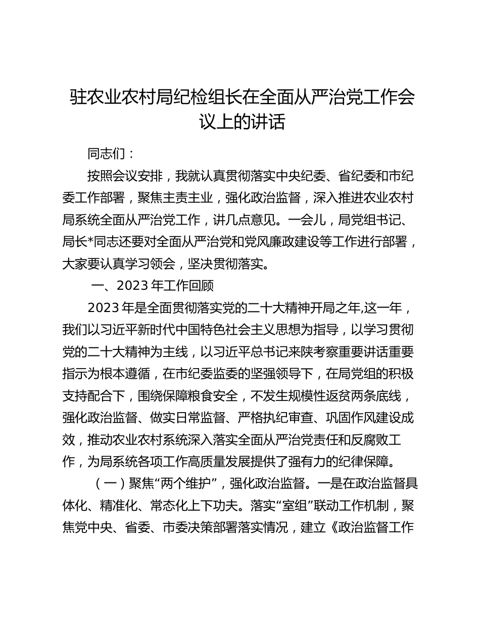 驻农业农村局纪检组长在全面从严治党工作会议上的讲话2024-2025_第1页