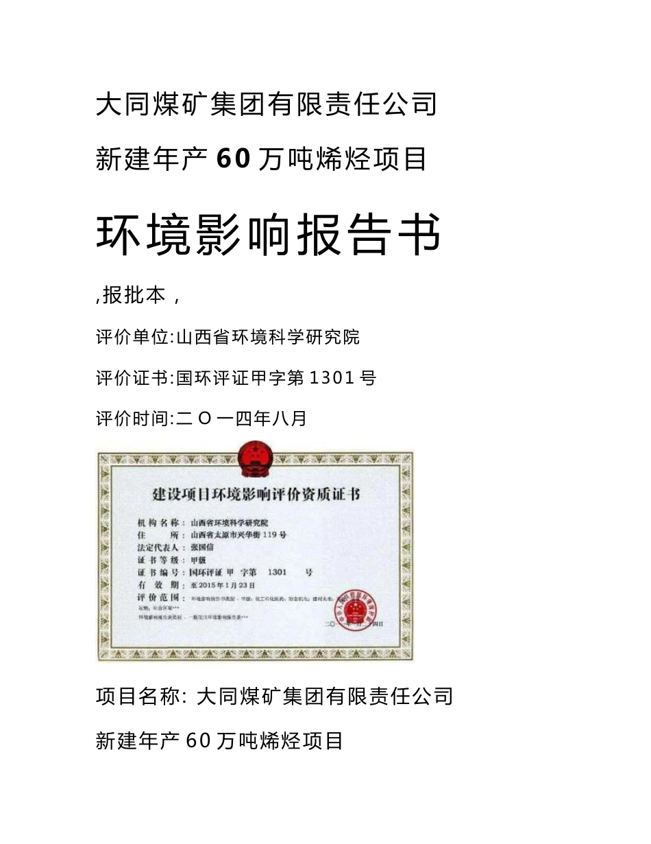 山东新建年产60万吨烯烃项目环境影响报告书_第1页