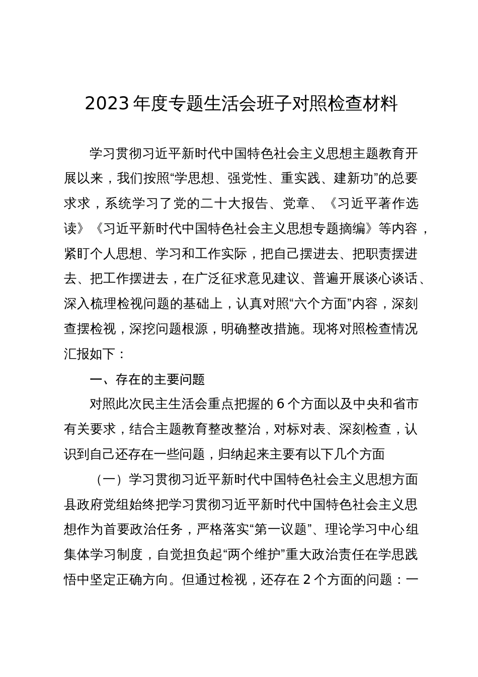 县政府班子2023-2024年度专题民主生活会新六个方面班子对照检查材料（践行宗旨等6个方面）_第1页