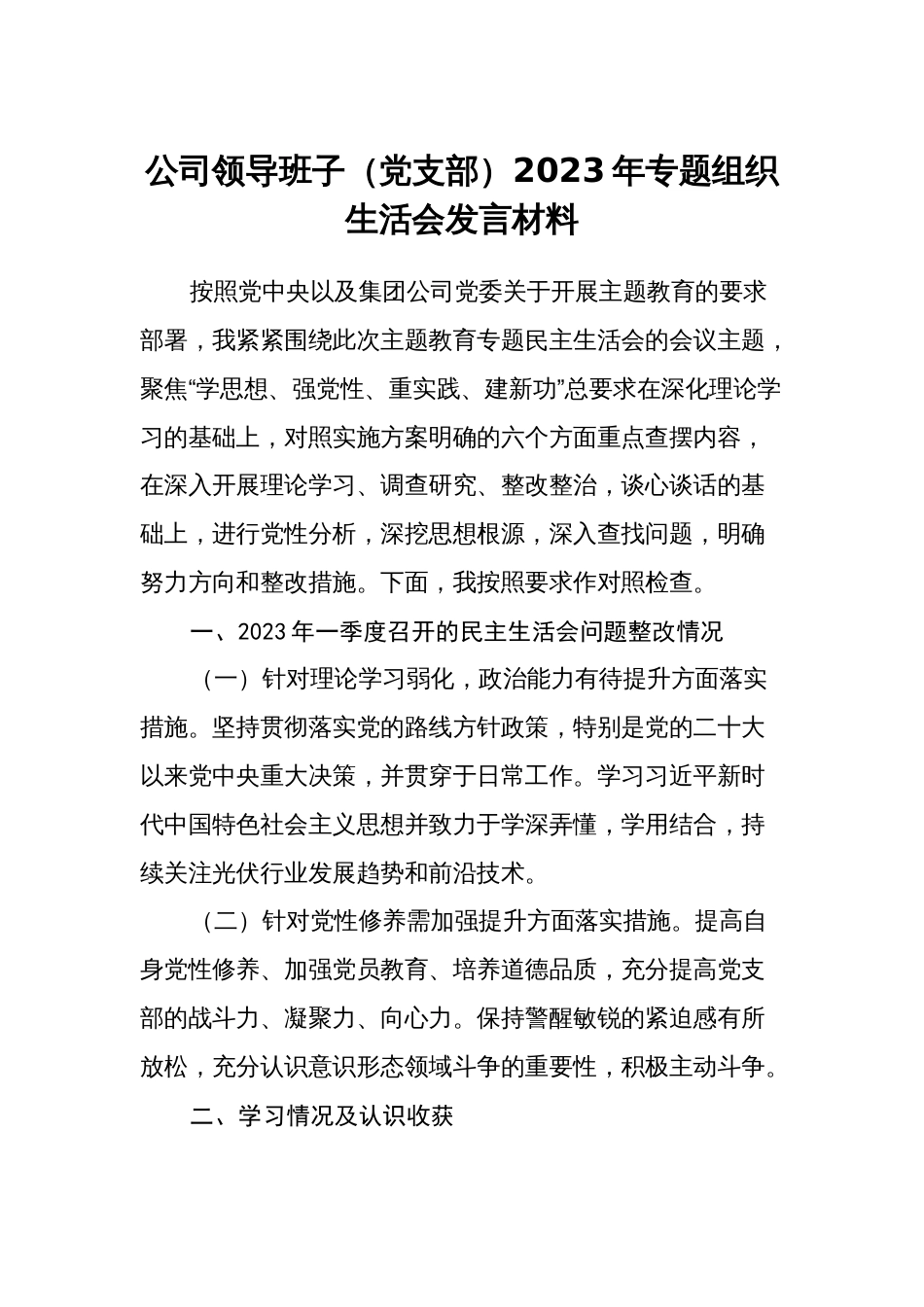 国企公司领导班子（党支部）2023-2024年专题组织生活会检视发言材料_第1页