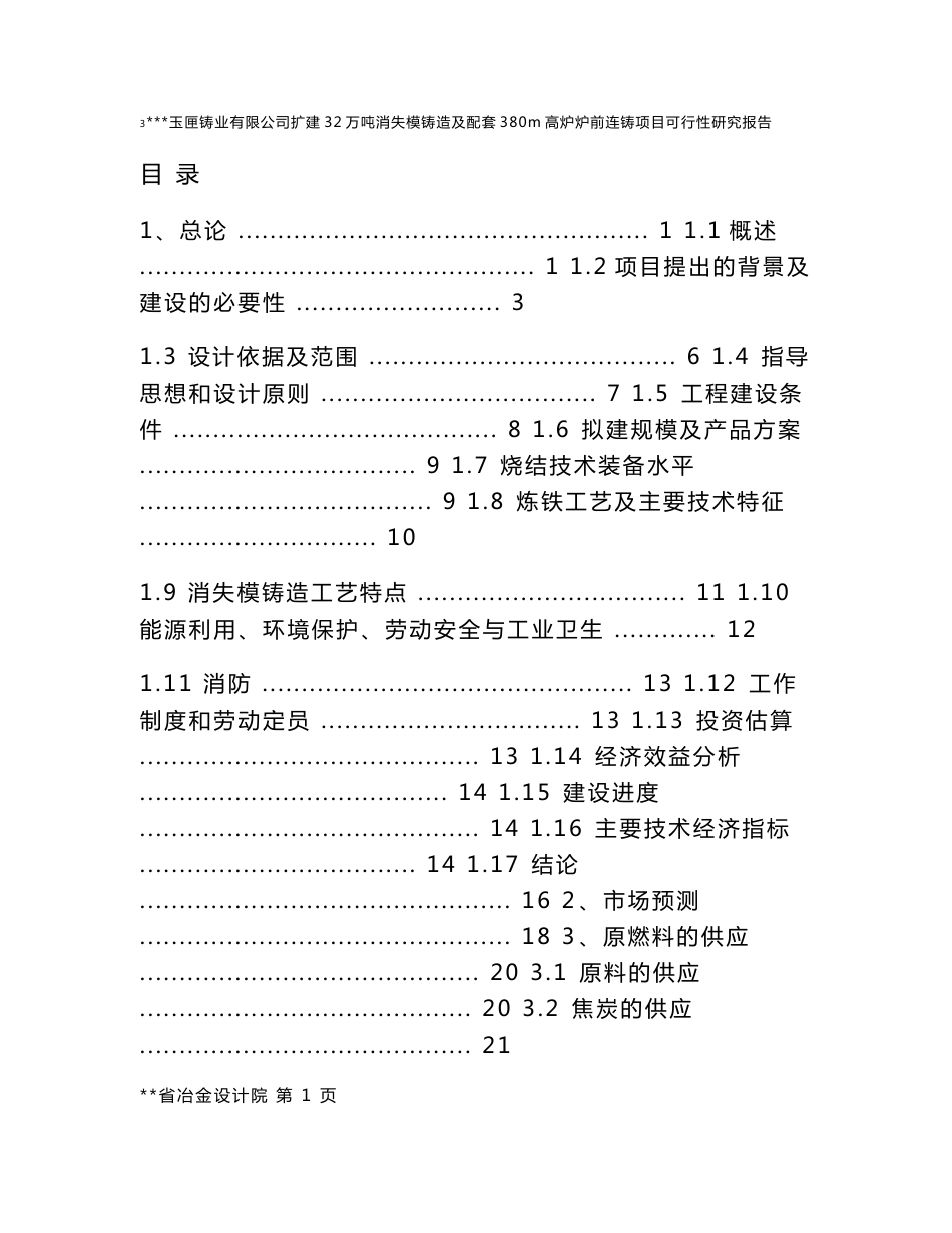 某铸业有限公司扩建32万吨消失模铸造及配套380立方米高炉炉前连铸项目可行性研究报告_第1页