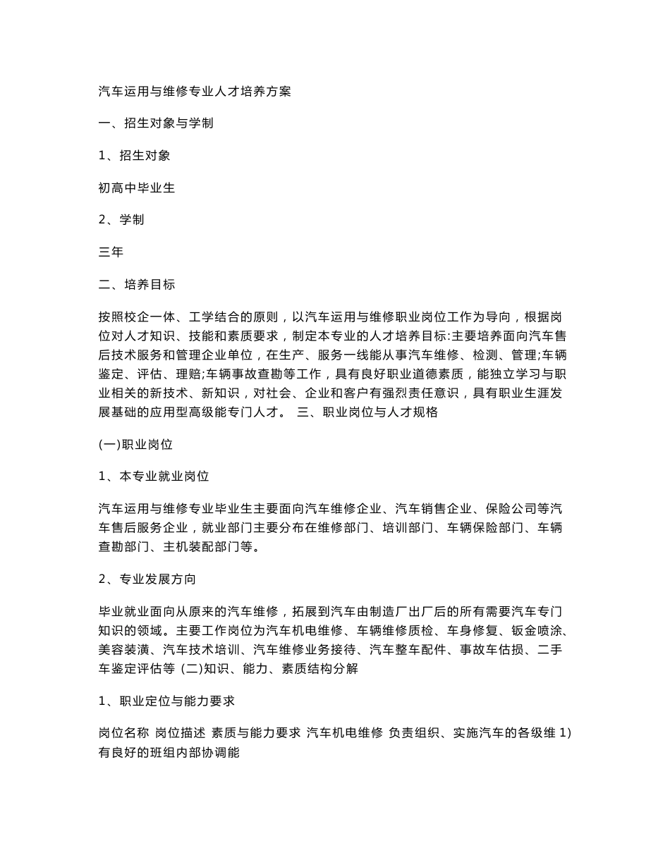 汽修专业人才培养方案_第1页