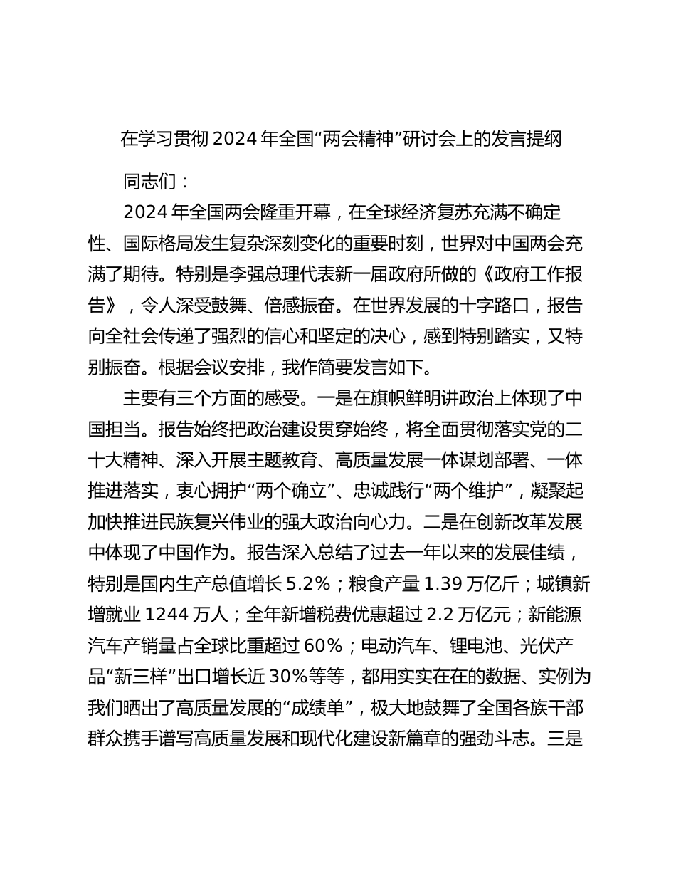 在学习贯彻2024年全国“两会精神”研讨会上的发言提纲心得体会_第1页