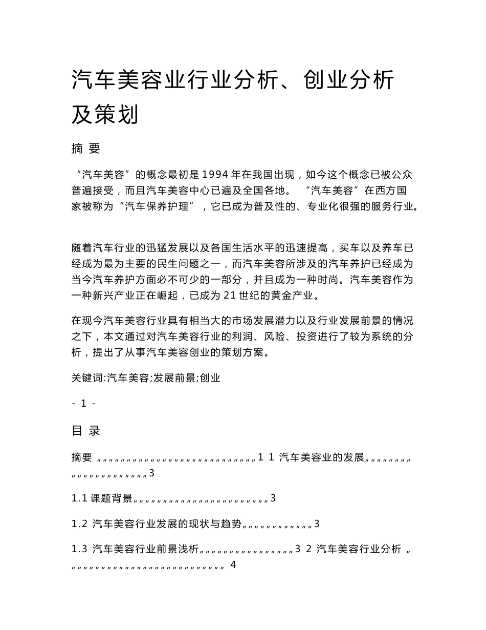 汽车美容业行业分析、创业分析及策划  毕业论文_第1页