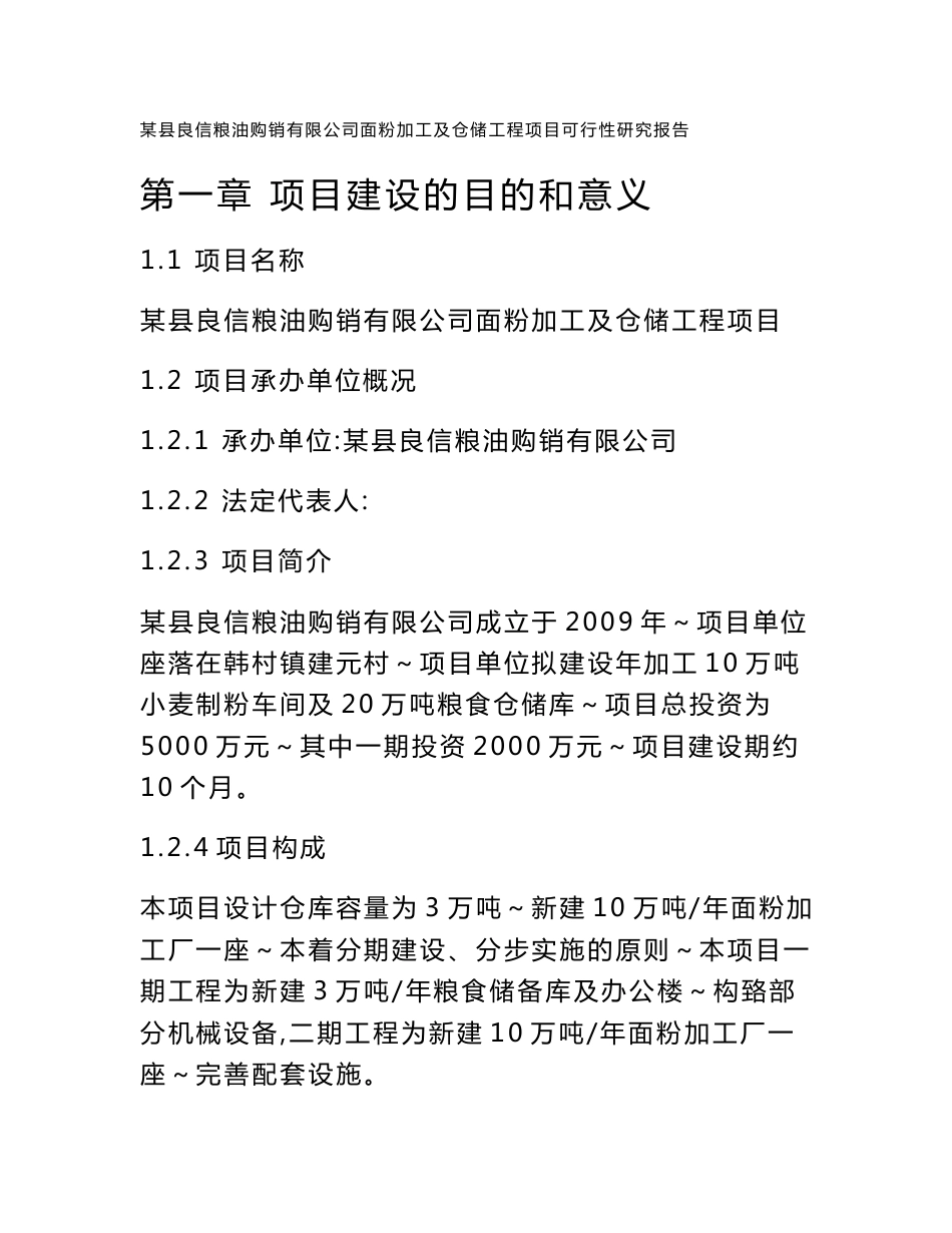 某县良信粮油购销有限公司面粉加工及仓储工程项目可行性研究报告_第1页