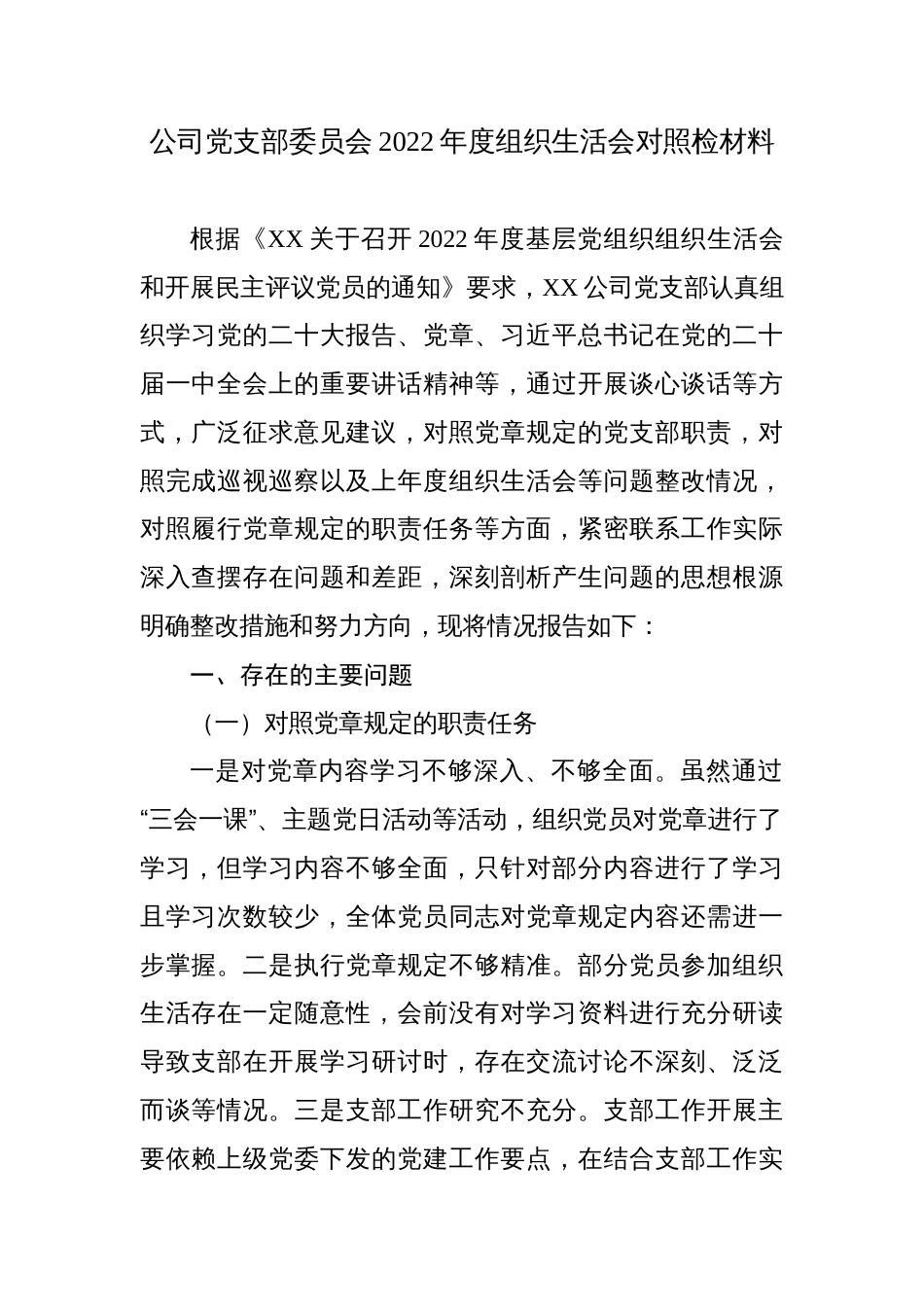 公司党支部委员会班子2022-2023年度组织生活会班子对照检查材料_第1页
