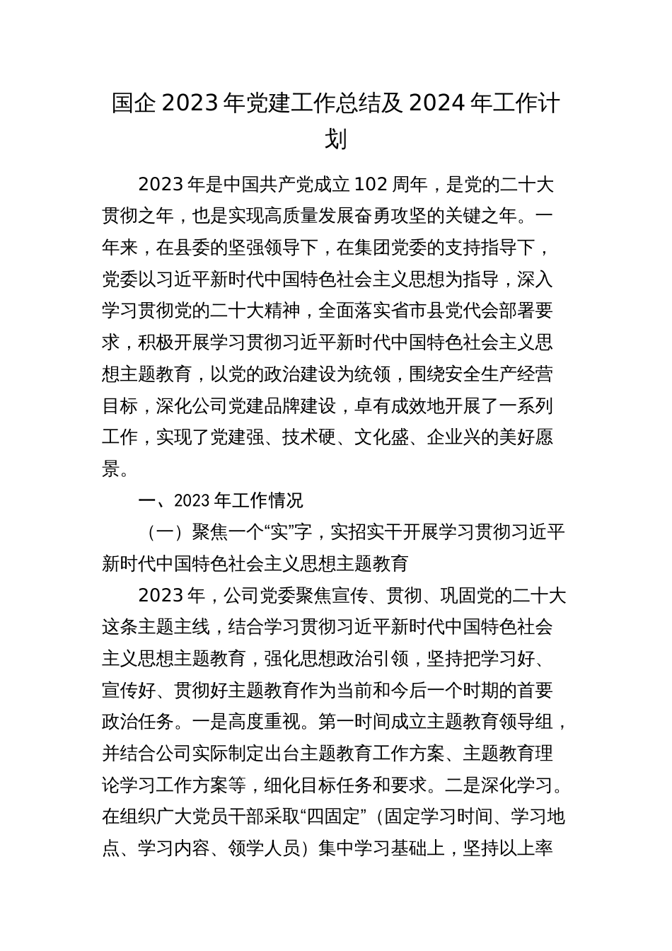 国企公司2023年党建工作总结及2024年工作计划_第1页