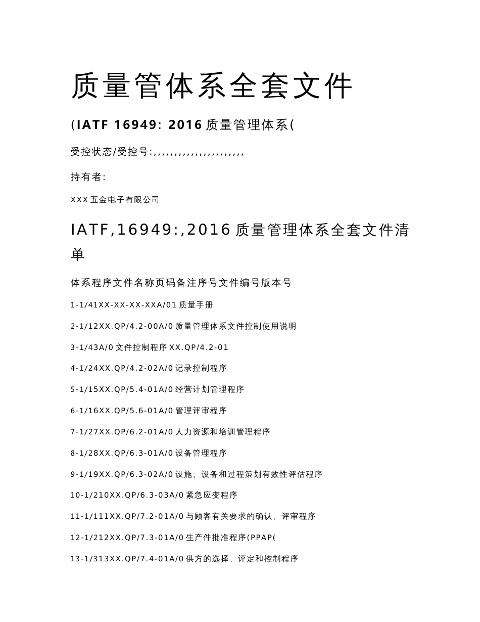 IATF16949-2016质量管理体系全套文件(质量手册+控制程序+表单文件，共173页)_第1页