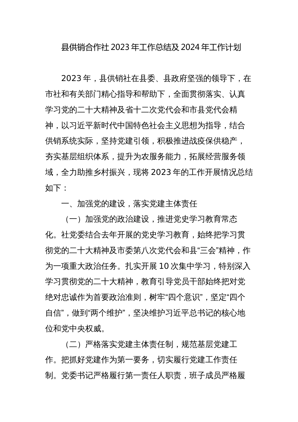 县供销合作社2023年工作总结及2024年工作计划_第1页