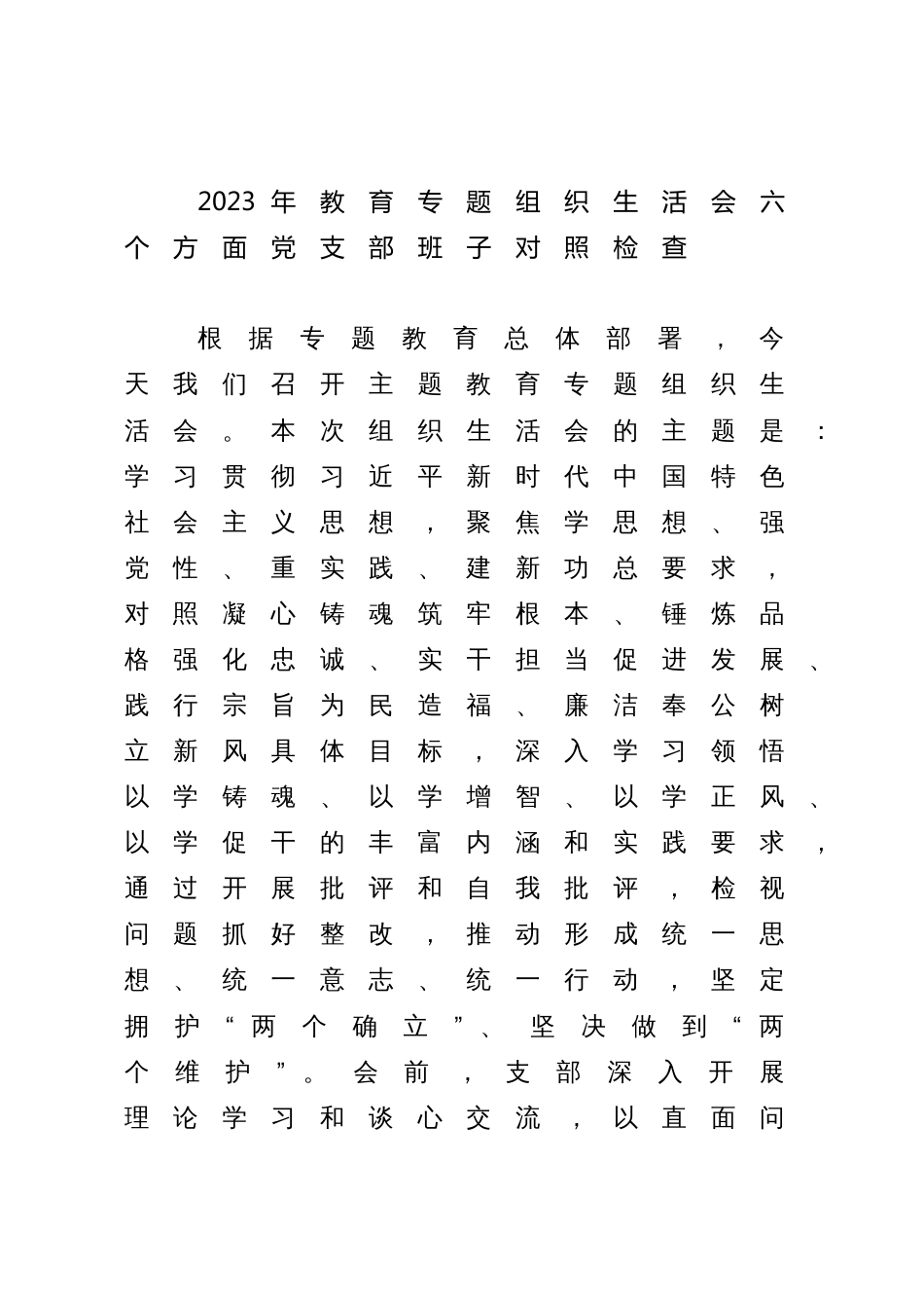 党支部班子2023年教育专题组织生活会六个方面班子检视剖析材料_第1页