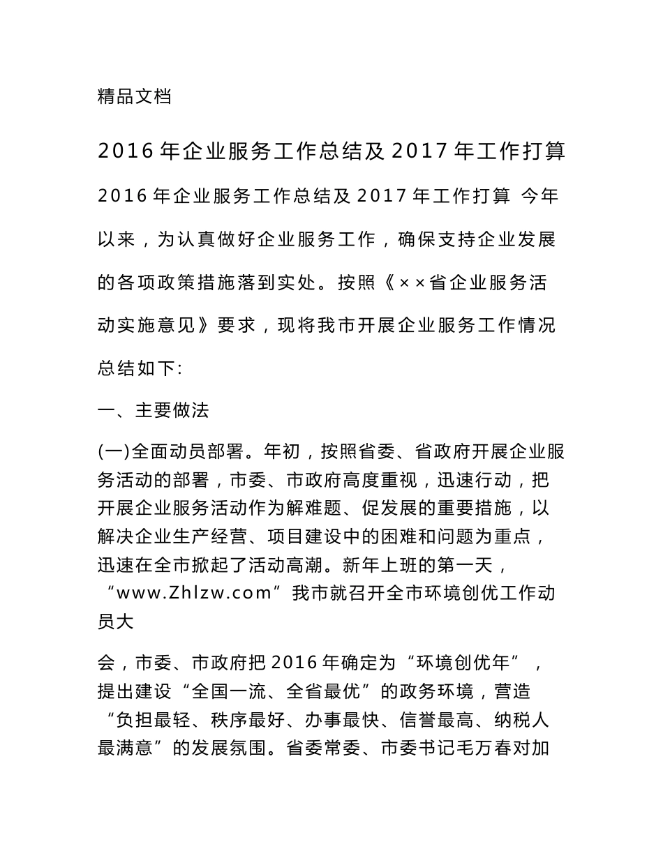 2016年企业服务工作总结及2017年工作打算_第1页