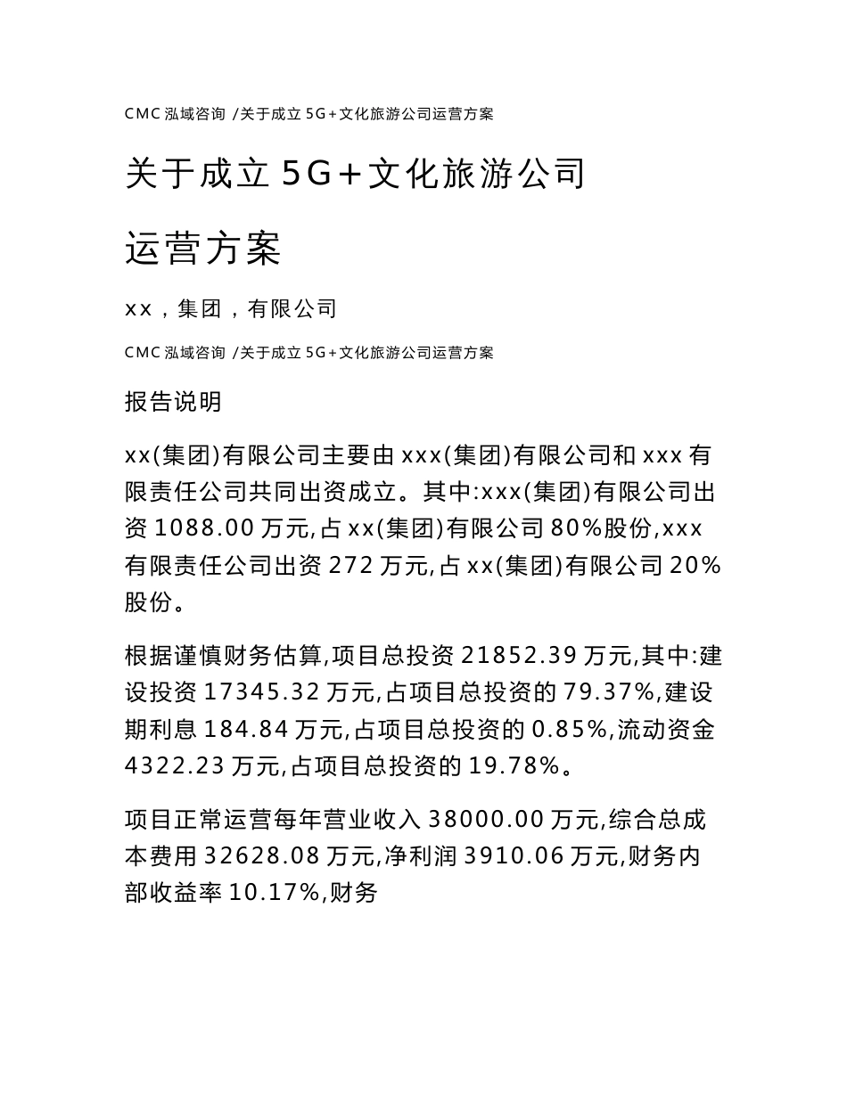 关于成立5G+文化旅游公司运营方案模板_第1页