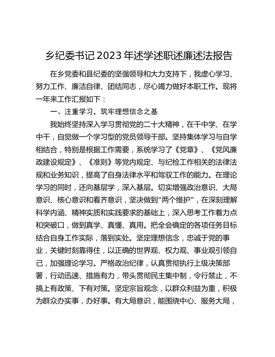 乡纪委书记2023-2024年述学述职述廉述法报告_第1页