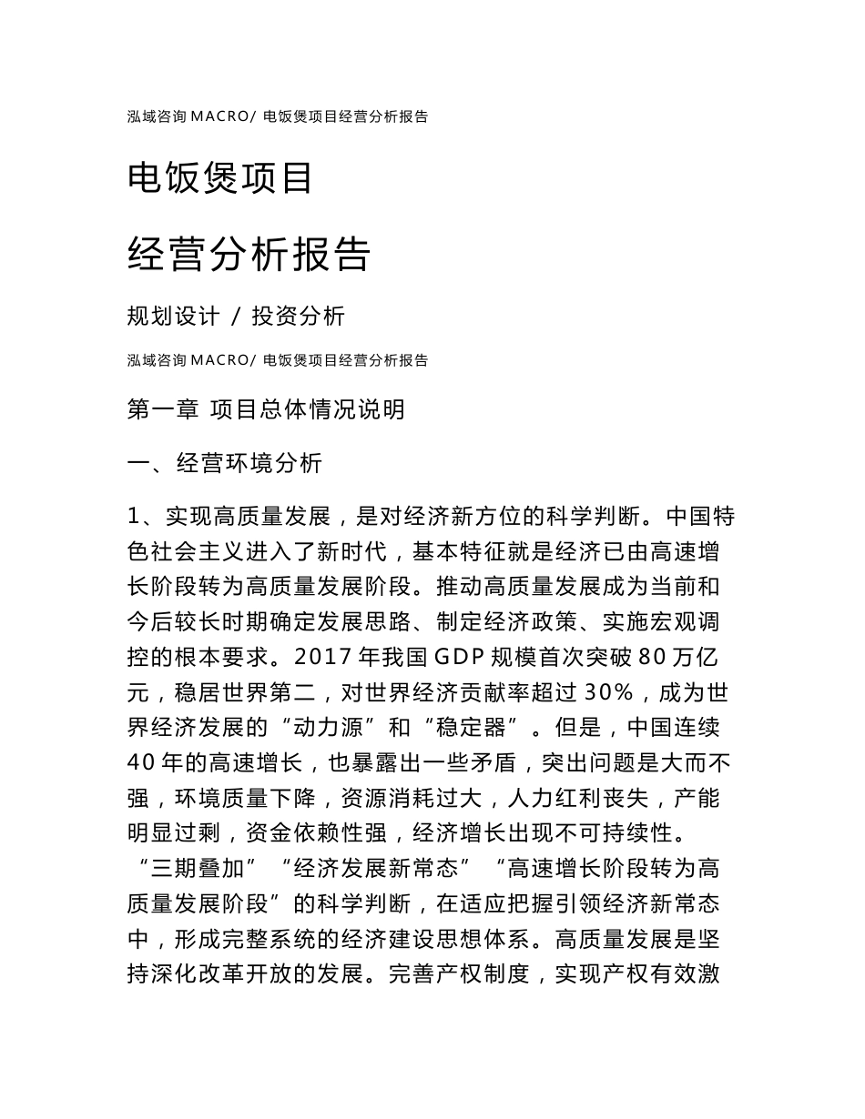 电饭煲项目经营分析报告范本(运营分析总结)_第1页