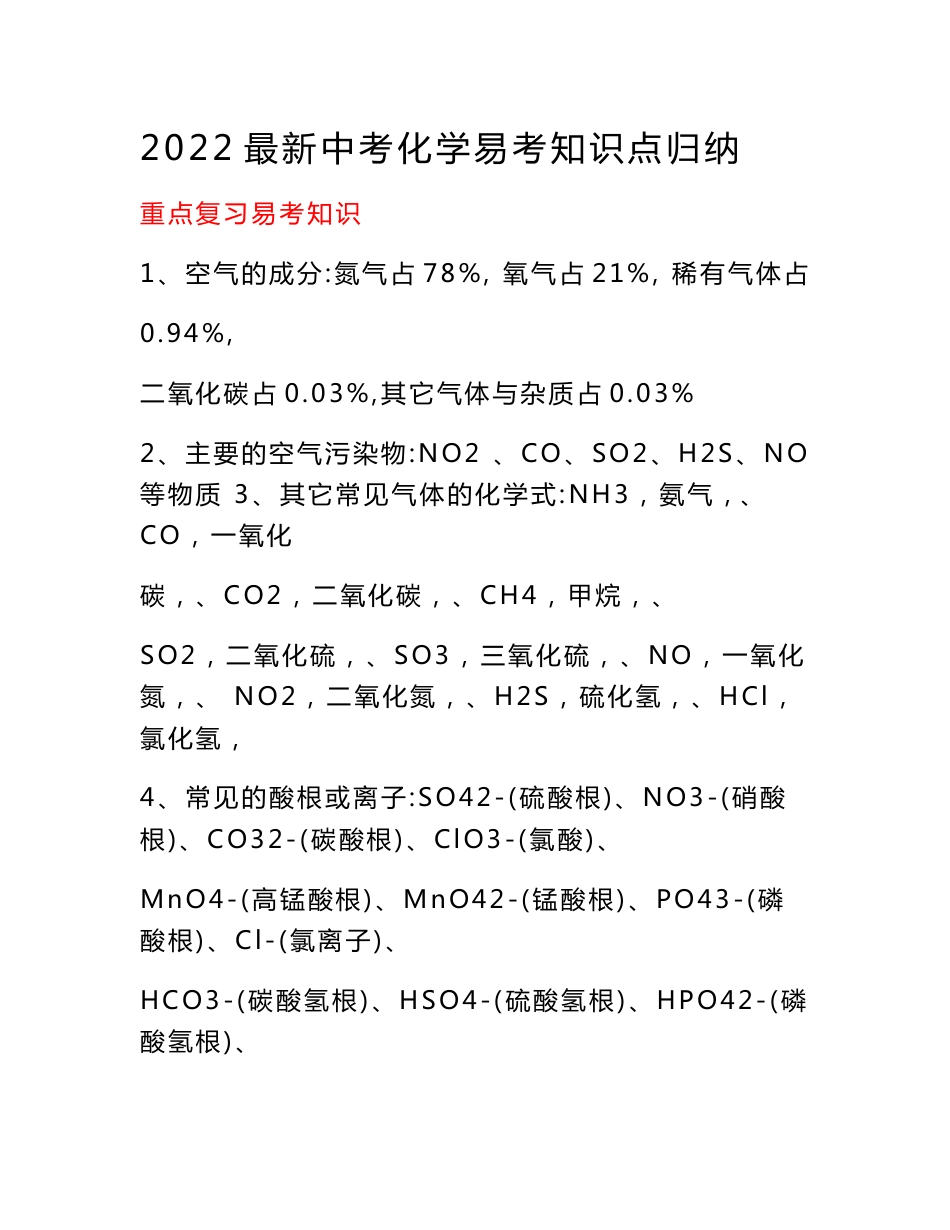 2022最新中考化学易考知识点归纳_第1页